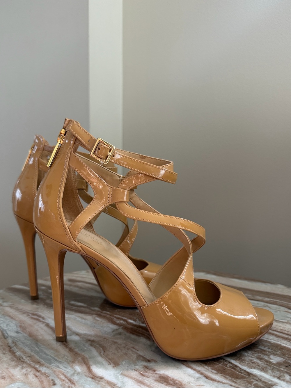 Michael kors patent tan strappy heel